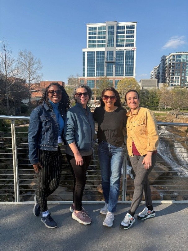 Cassandra, Johanna, Emily, and Lisa at the Liberty Bridge in Greenville, South Carolina